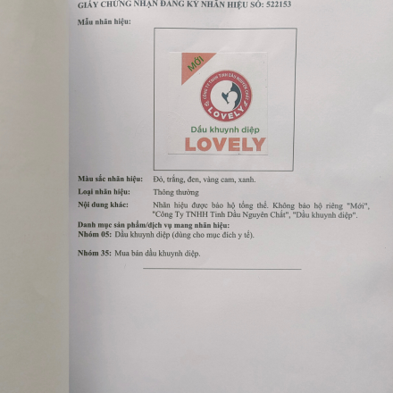GIẤY CHỨNG NHẬN ĐĂNG KÝ NHÃN HIỆU LOVELY