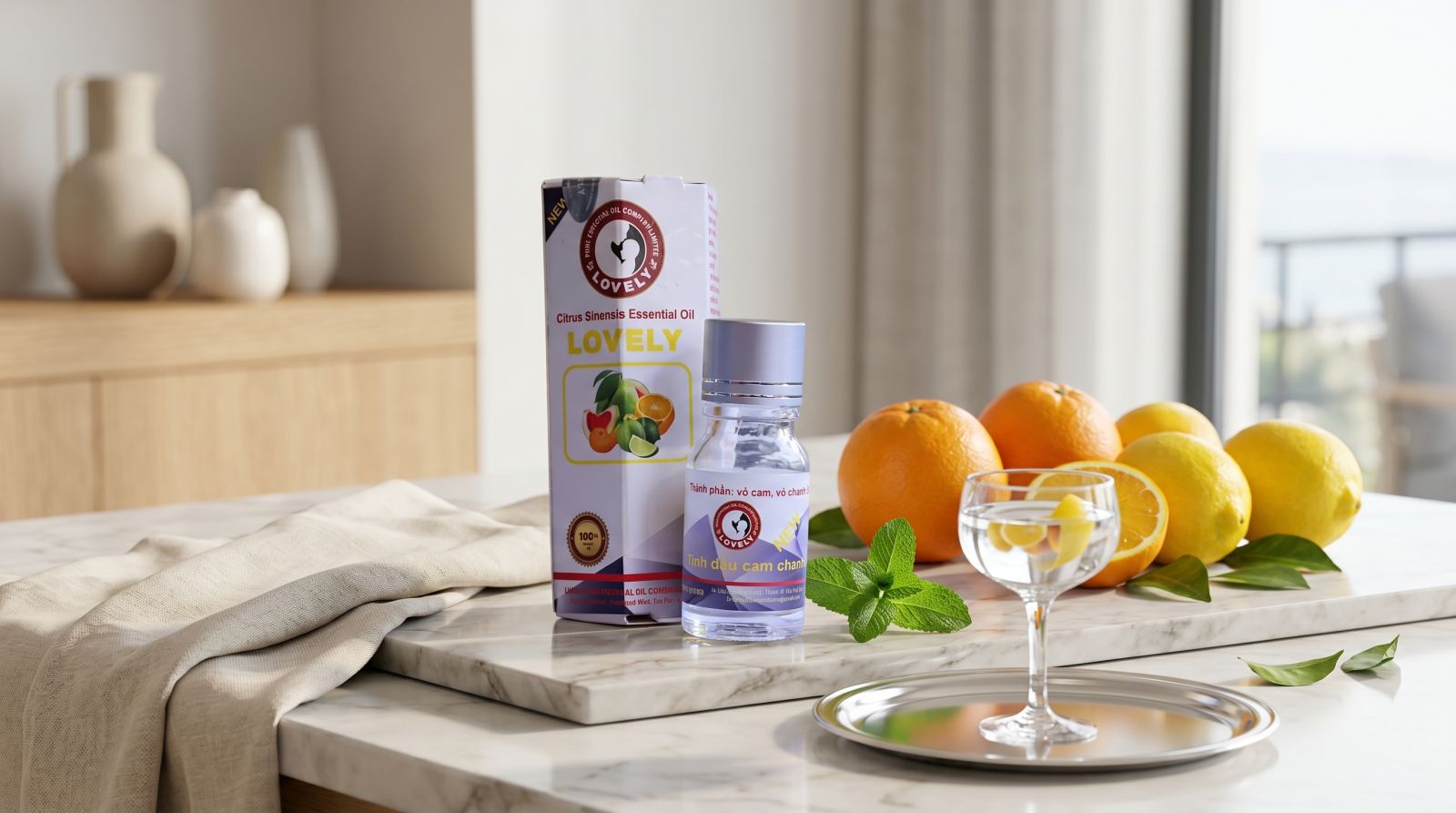 tinh dầu cam chanh thương hiệu Lovely chính hãng đạt chuẩn organic hằng ngày